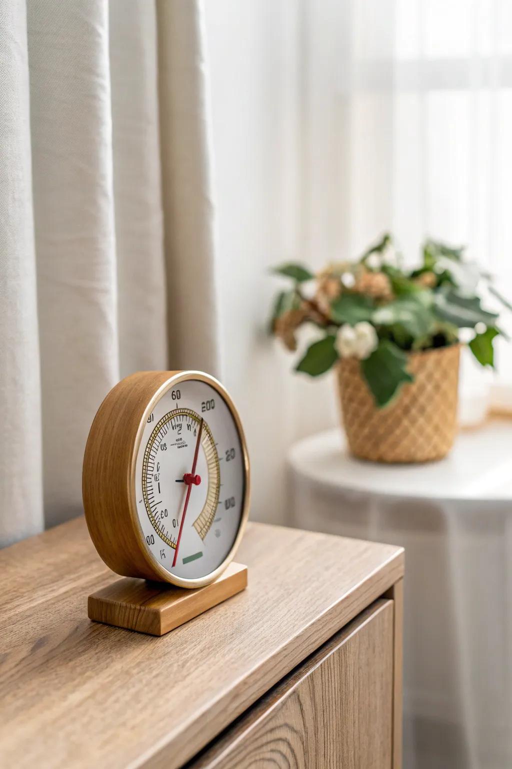 A simple hygrometer keeps your small cigar nook steady—no guessing, just calm control.