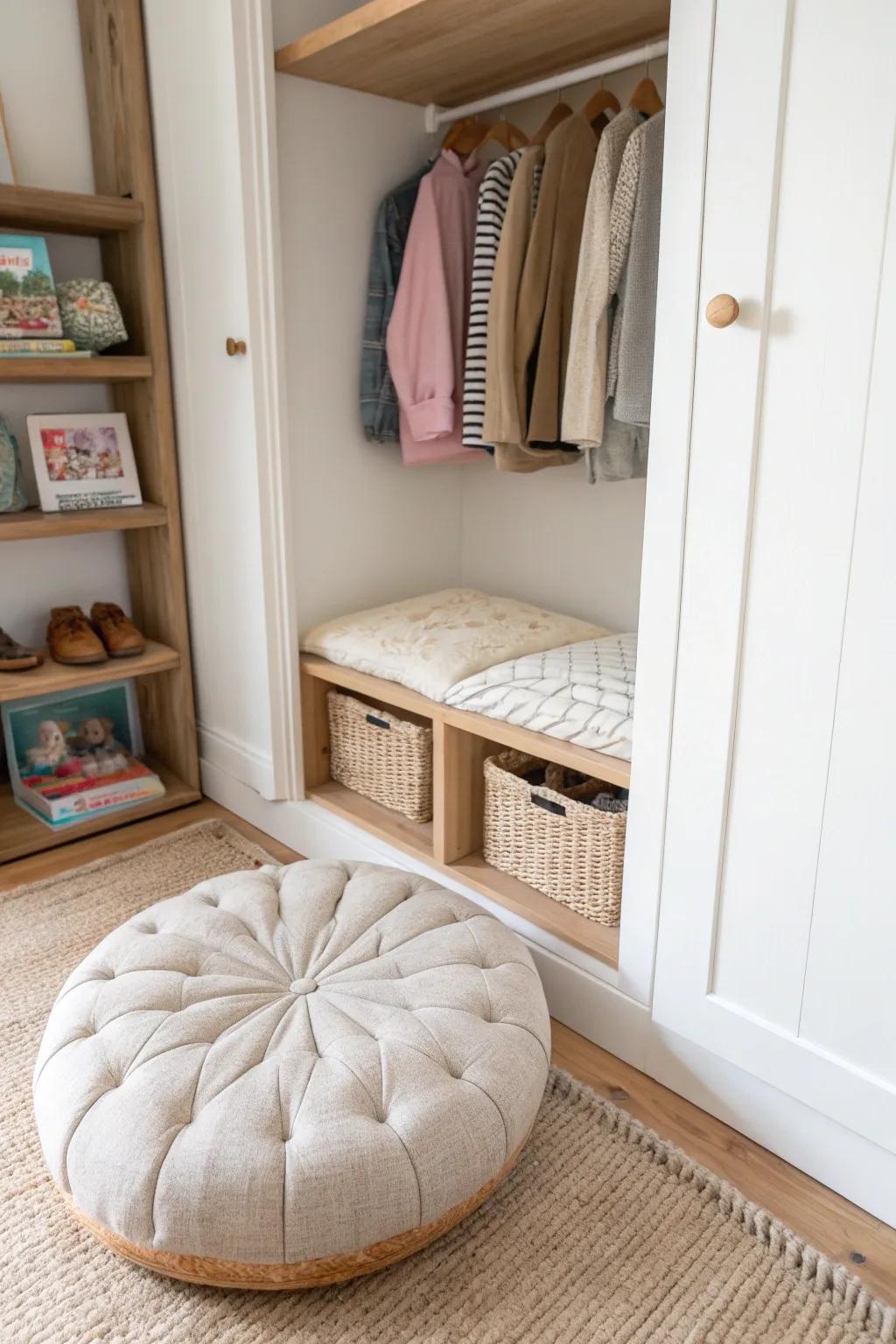 A tiny closet turns into a cozy kids’ hideout—soft cushion, warm light, and books within reach.