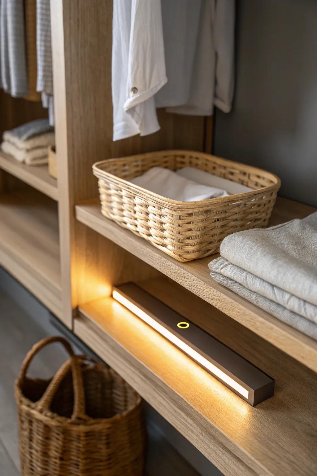 Motion-sensor stick-on lighting brightens dark closet corners so your organized system stays usable.