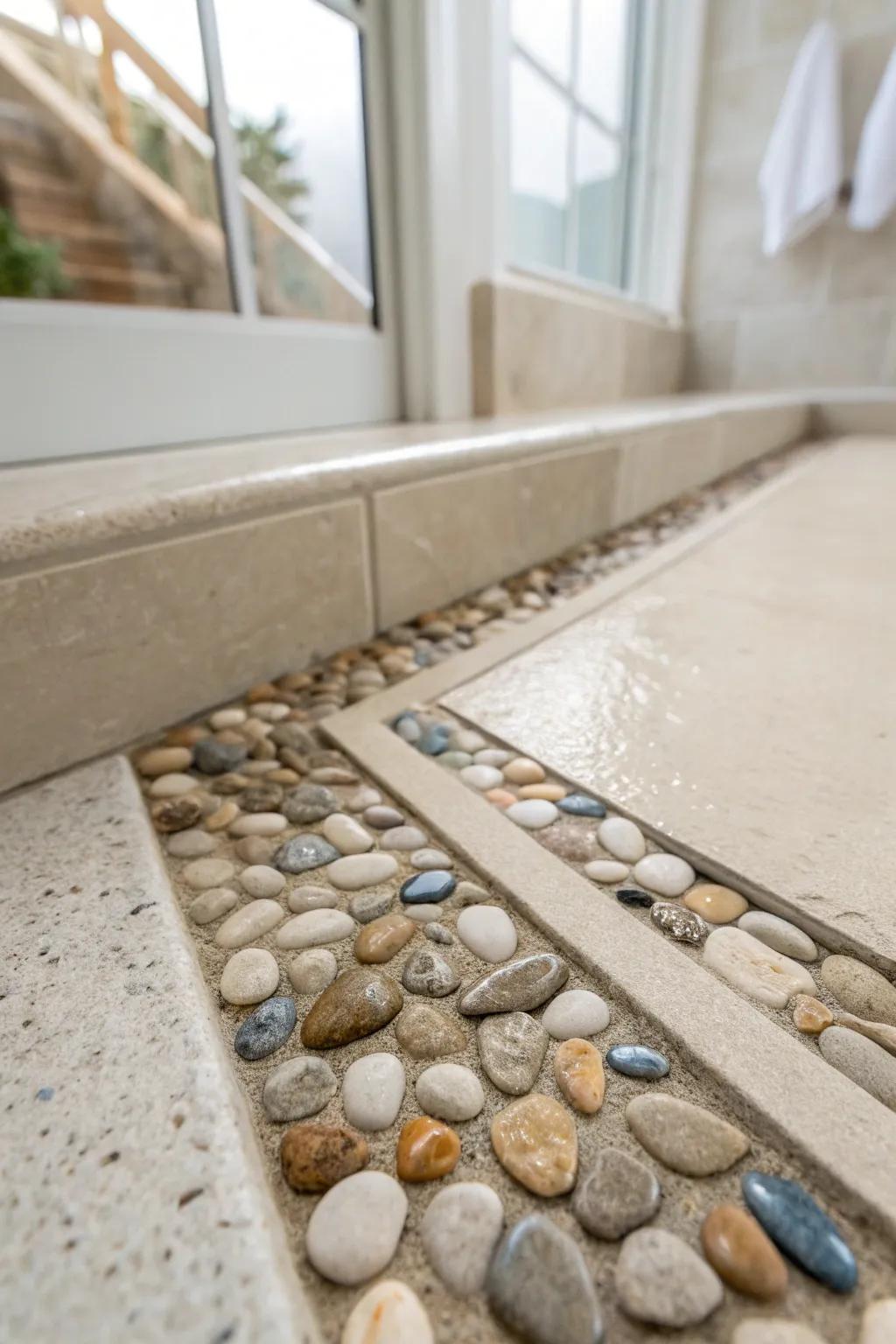 A slim pebble-tile strip adds coastal spa texture and slip-friendly grip in a small shower.