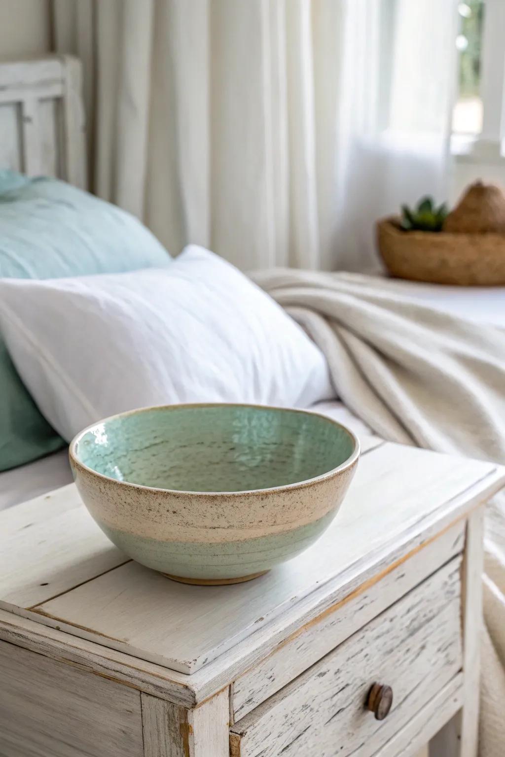 A single handmade ceramic bowl brings quiet coastal charm—collected, calm, never kitsch.
