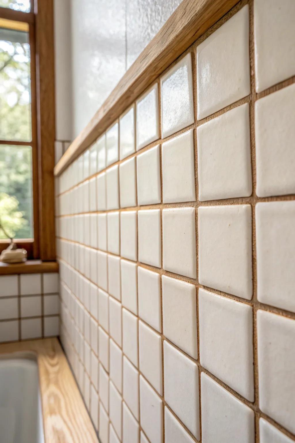 Colored grout turns simple tile into a chic graphic statement—perfect for a small, colorful bath.