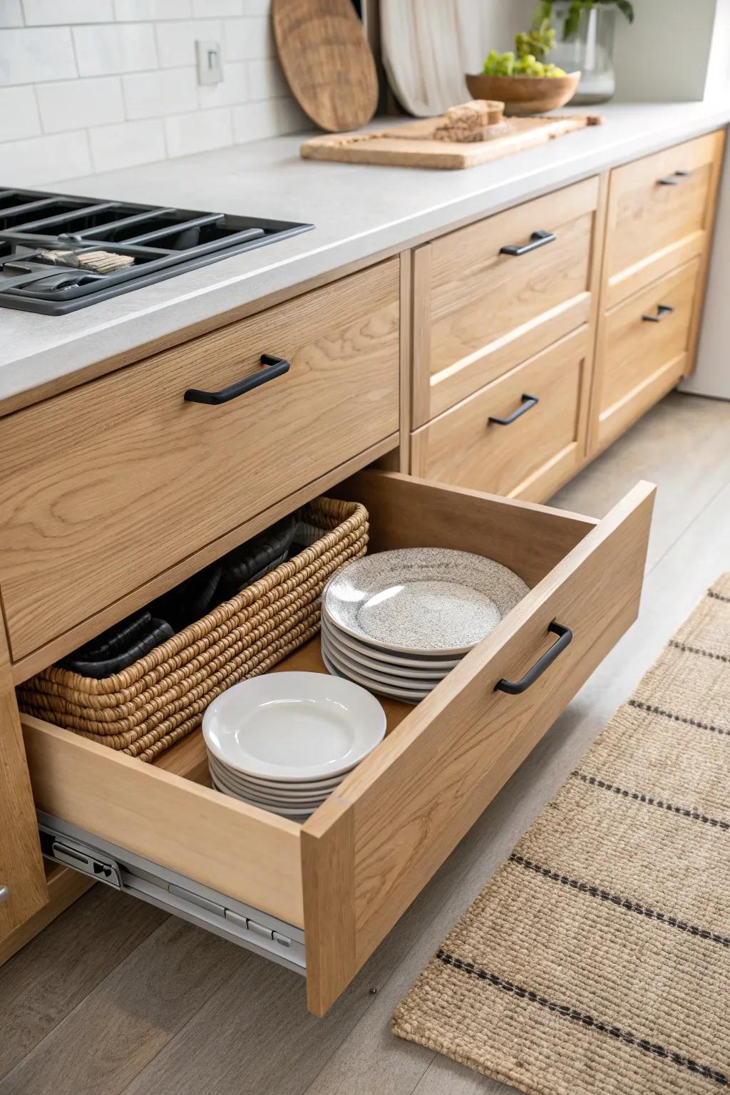 A hidden toe-kick drawer adds slim, stylish storage for trays, foil, and placemats.