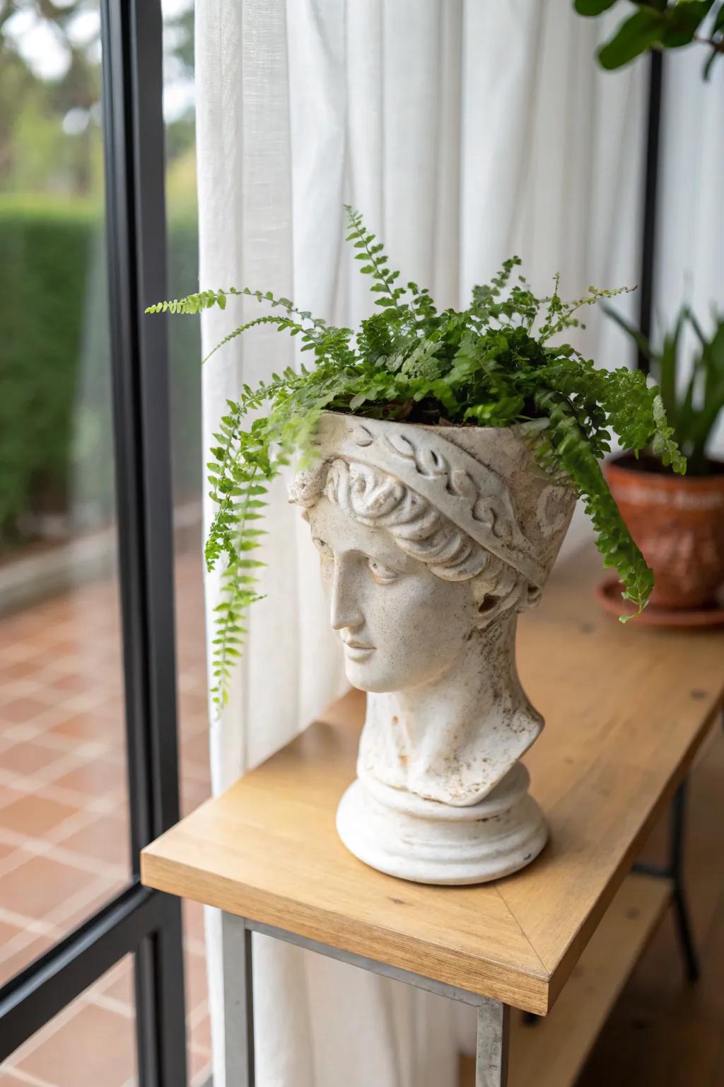 A bust planter adds a gallery-meets-garden statement—perfect for a small conservatory shelf.