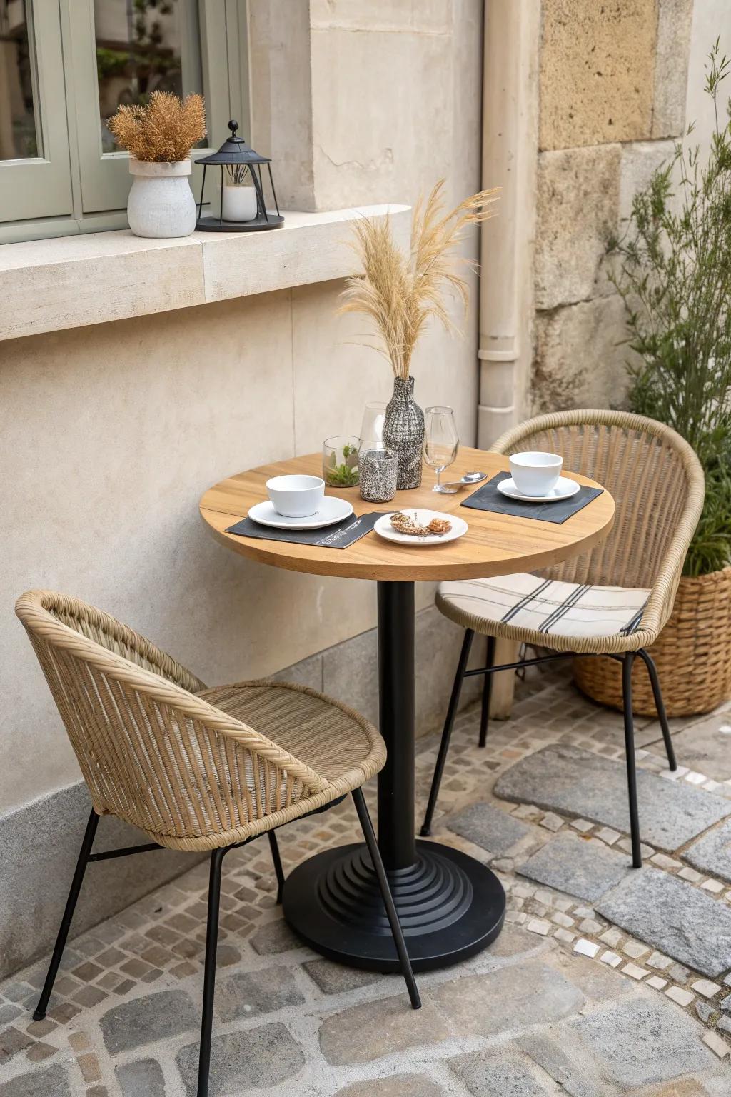 A round bistro table turns the smallest patio corner into a cozy, slip-by dining nook.