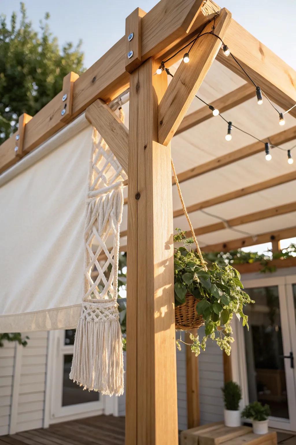 A mini pergola adds instant shade—plus the perfect spot for lights and hanging plants.