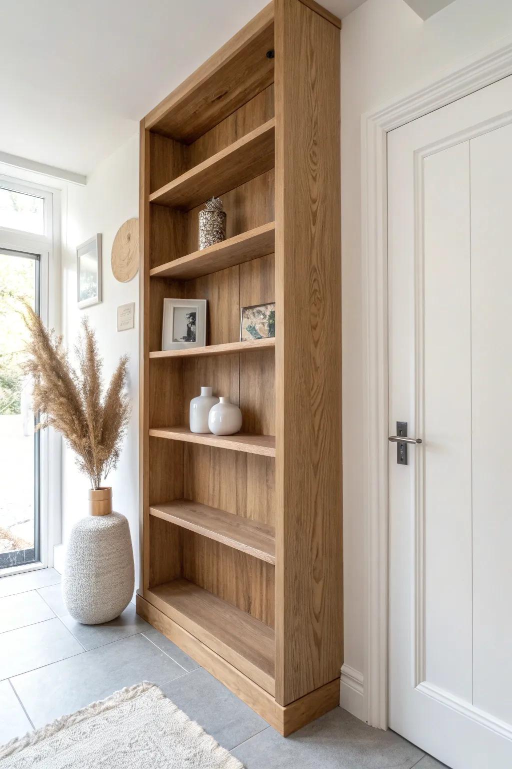 Make that awkward den niche feel custom with a slim built-in shelf moment in warm oak.