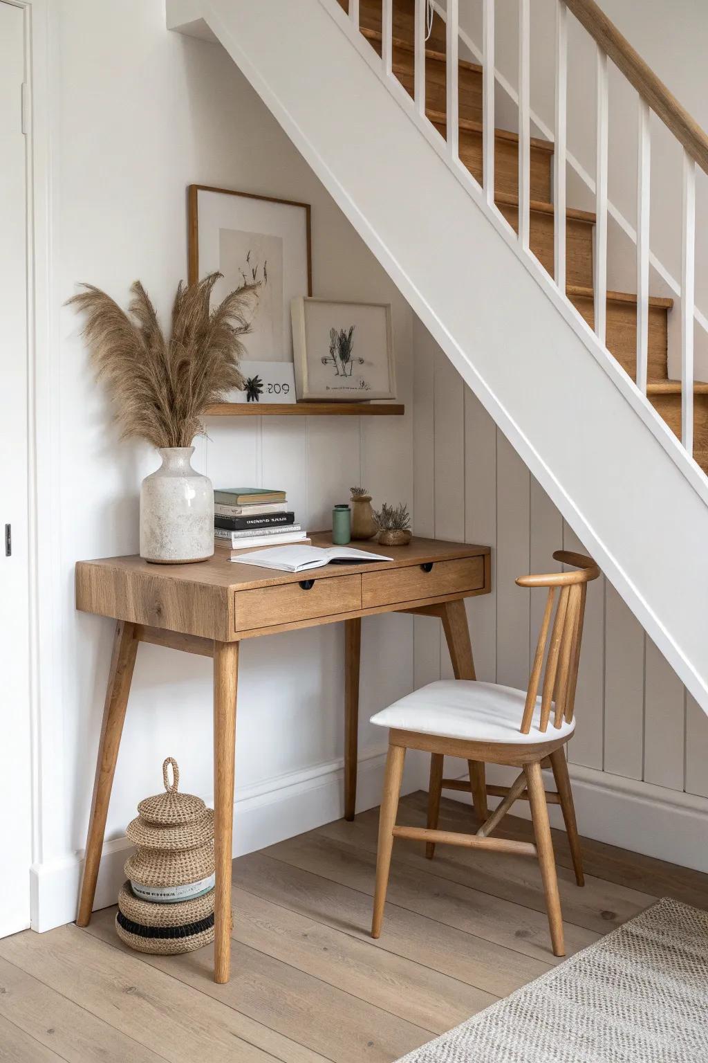 Under‑stair desk nook: a petite oak desk with floating shelves, calm Scandinavian‑boho vibes.