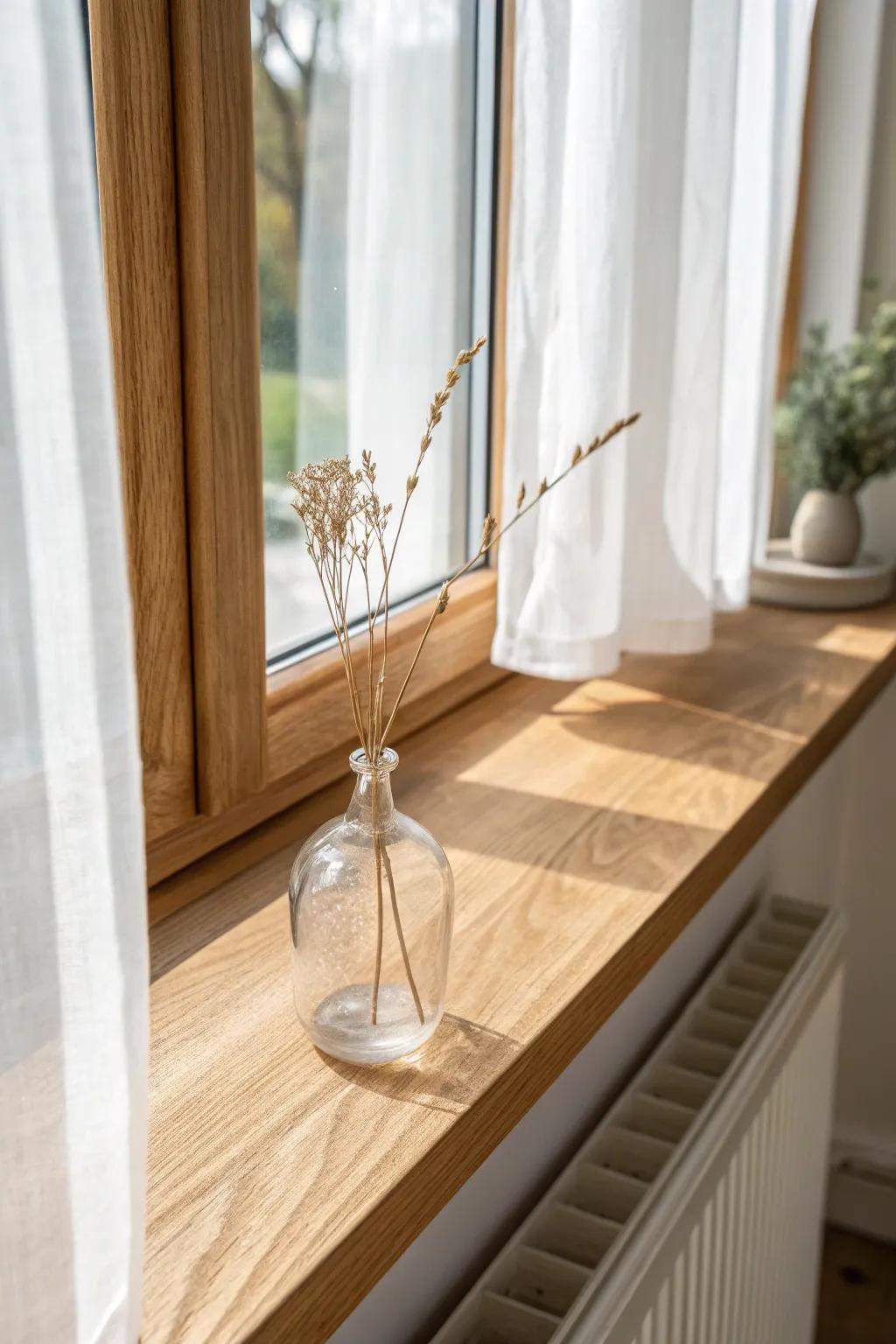 A slim window ledge shelf adds style and function—perfect for a tiny dining room.
