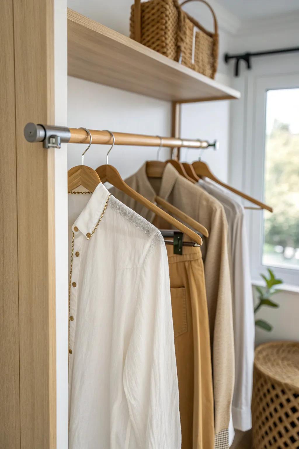 A pull-out valet rod keeps tomorrow’s outfit ready—no chair piles, just calm mornings.