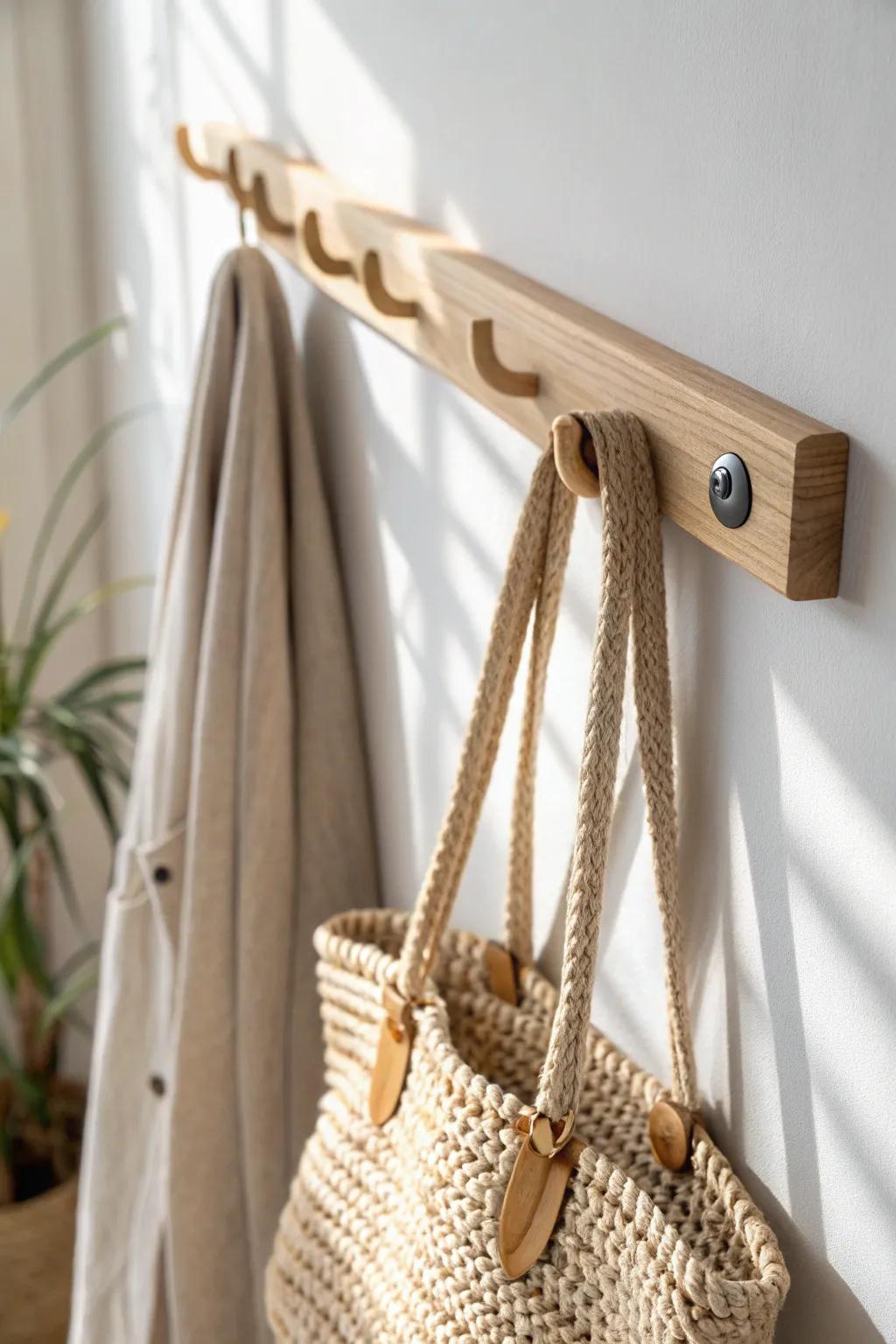 A sliding peg rail that adapts with the seasons—minimal, warm, and beautifully practical.