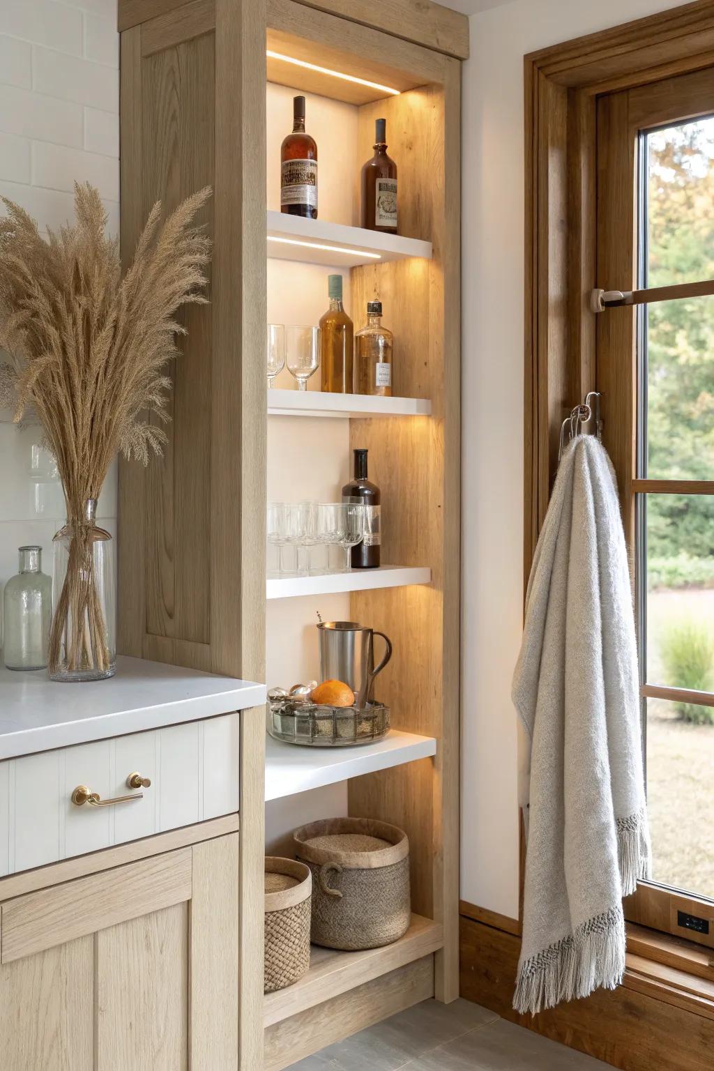 A secret dry bar on the bookcase side—slim shelves, warm oak, and effortless boho minimalism.