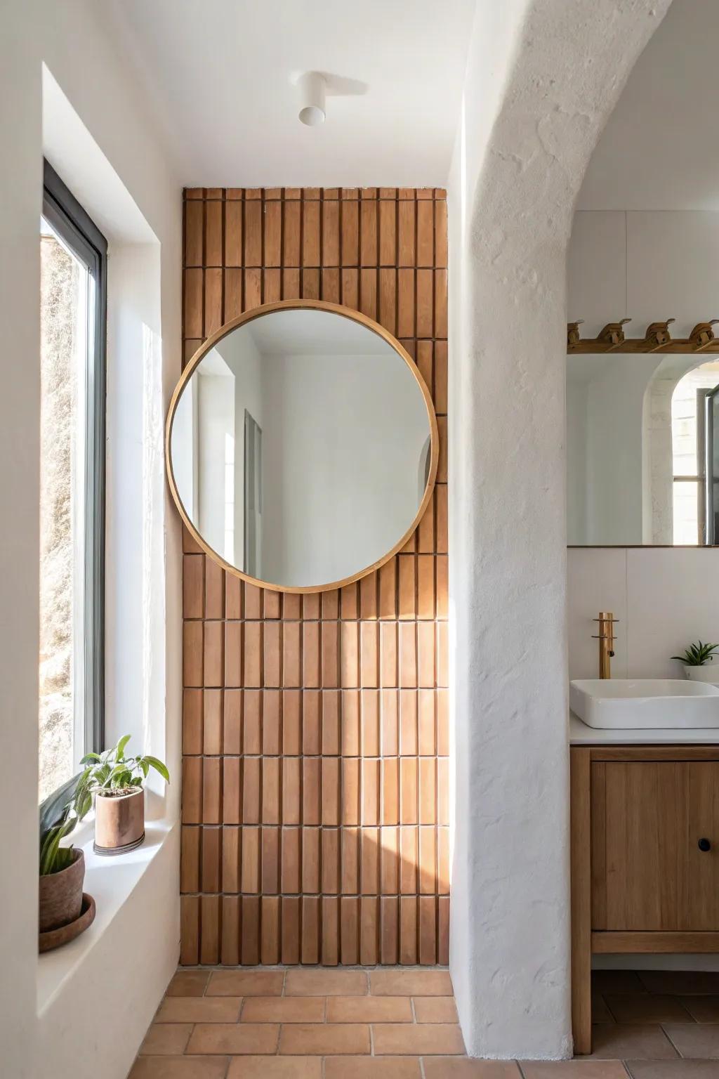 A simple round mirror pops against a bold tile feature wall—an easy upgrade for tiny en suites.