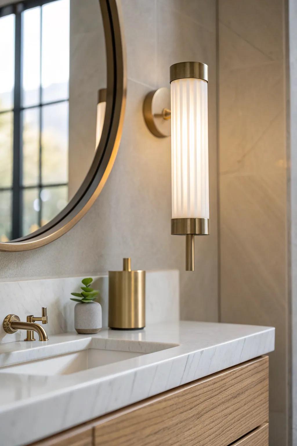 A slim vertical sconce adds mirror-ready task light and makes a tiny ensuite feel airy.