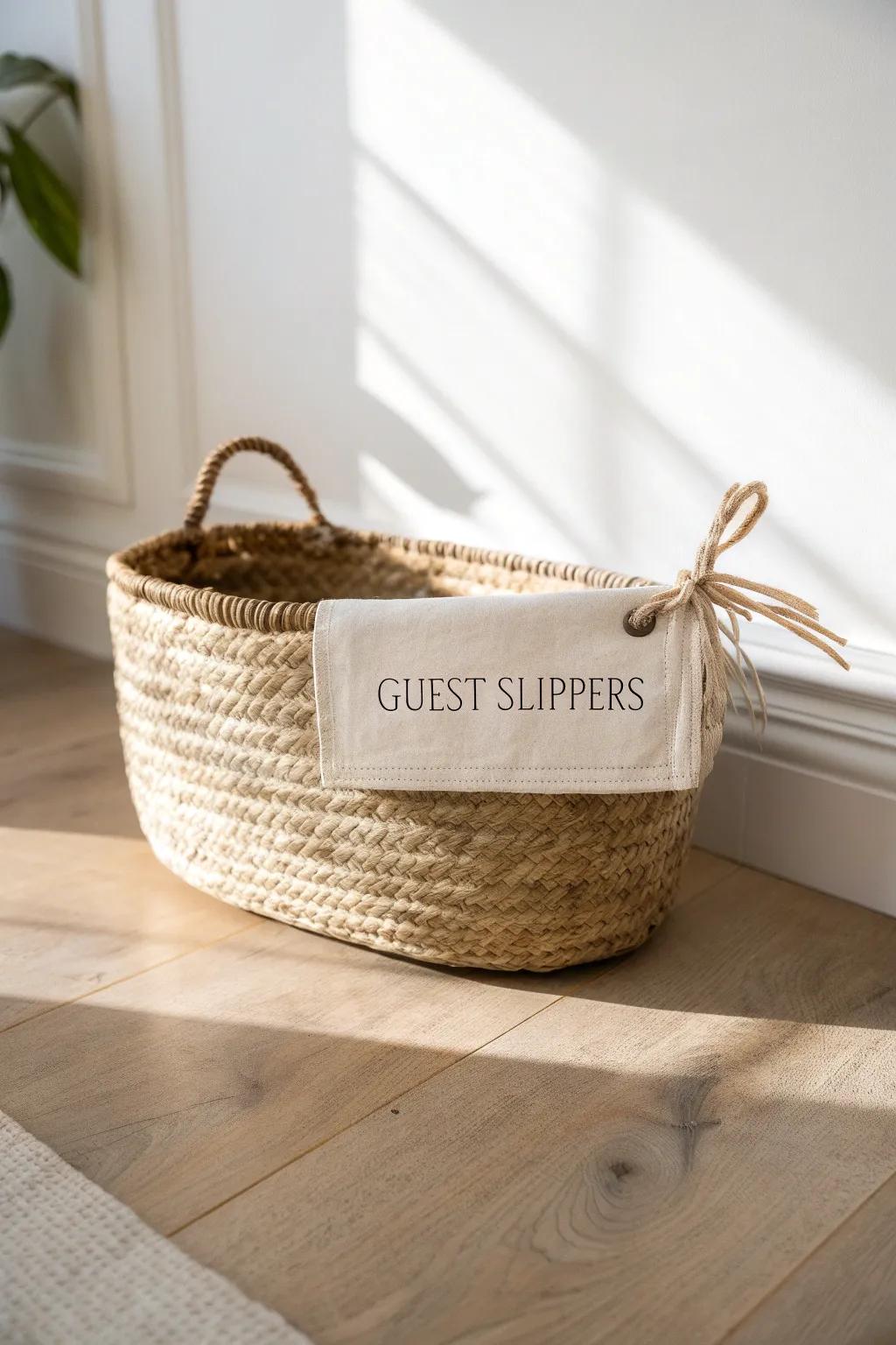 A labeled basket for guest slippers makes a tiny entryway feel instantly calm and intentional.