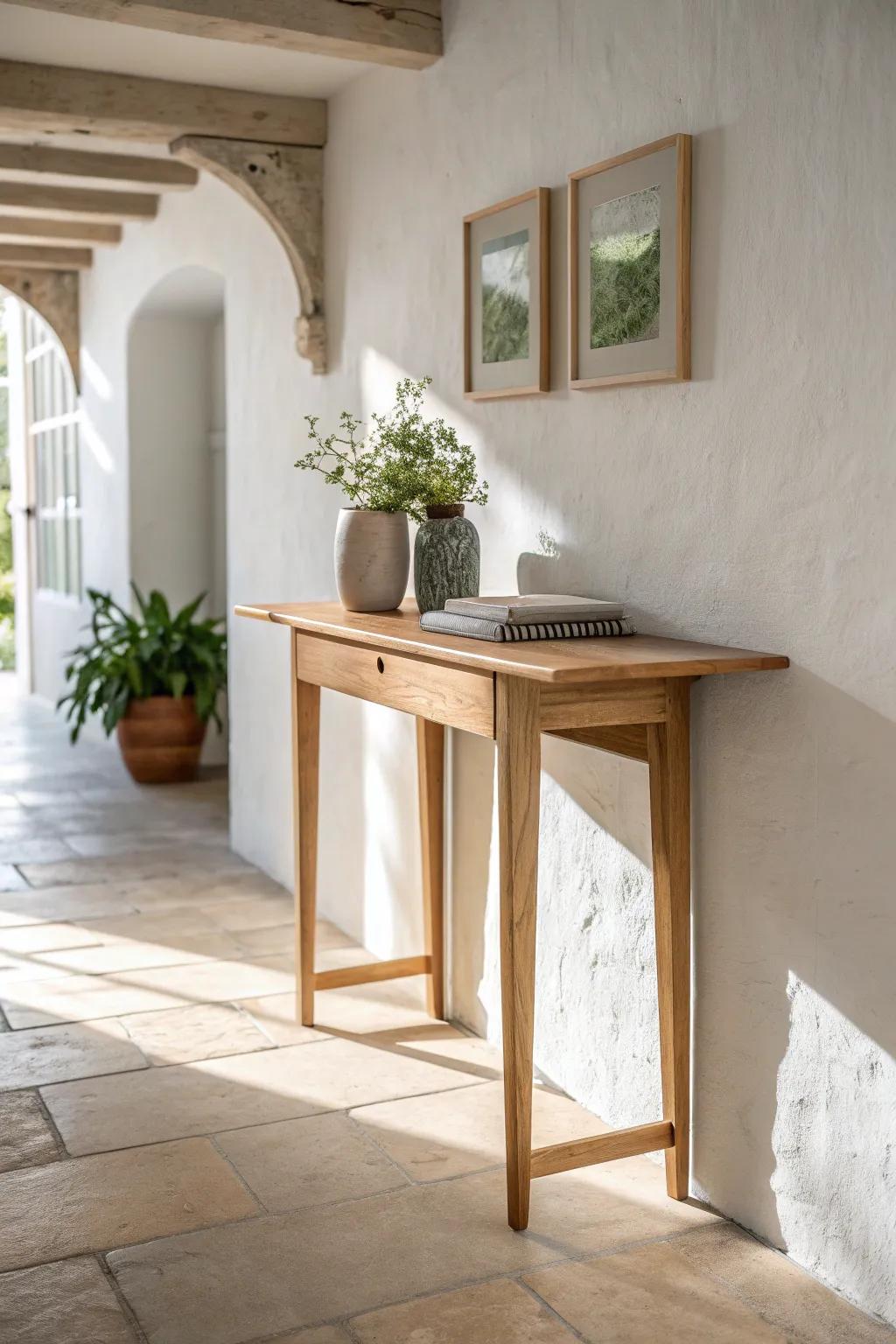 Fold it down when you need it—this wall table turns a tiny rental entry into a landing zone.