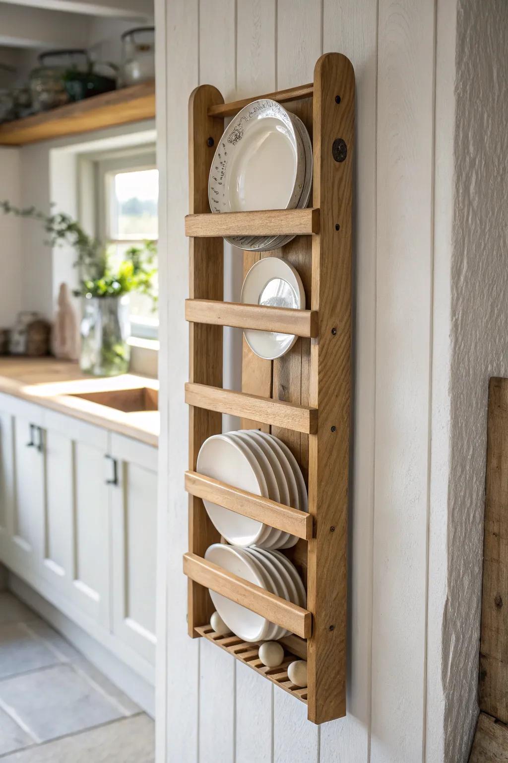 A skinny-wall plate rack adds budget farmhouse charm—no counter space required.
