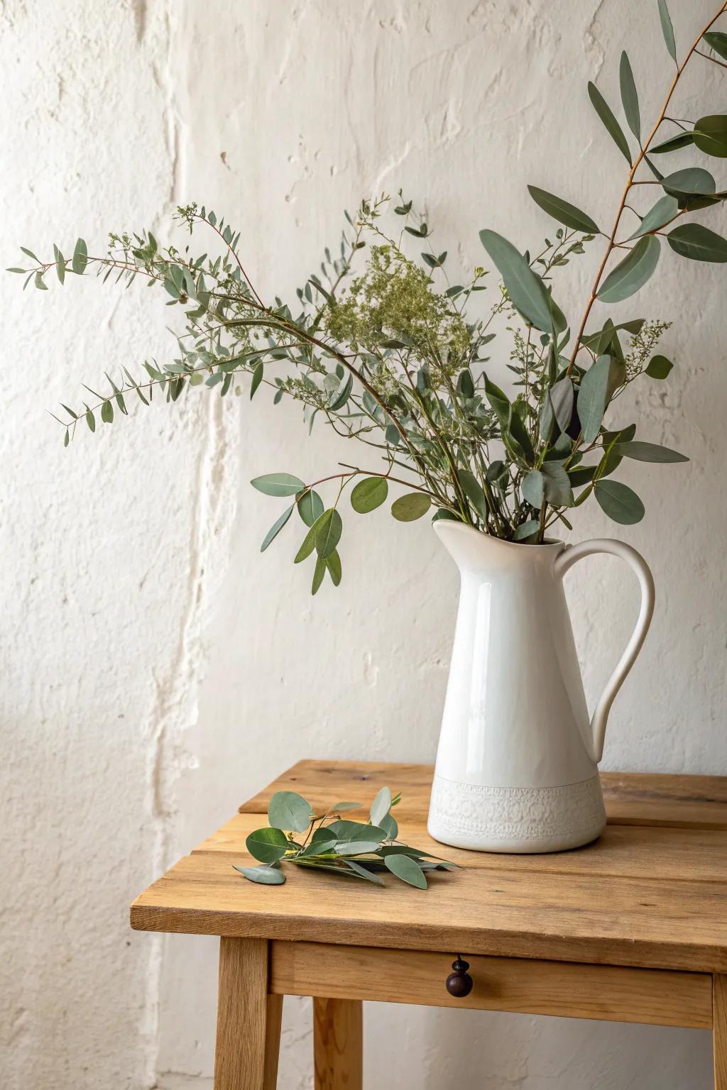 A simple leafy branch in a farmhouse pitcher instantly brightens a small living room.