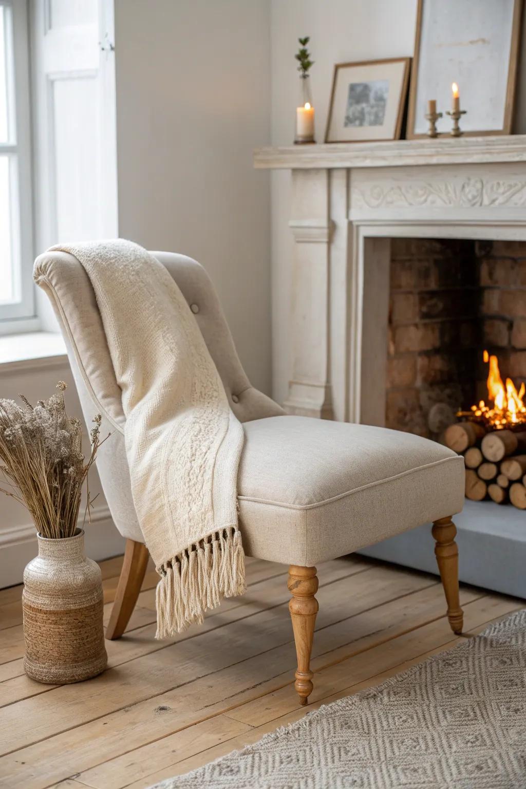 A tiny fireside chair turns a small fireplace into a cozy destination—without crowding the room.