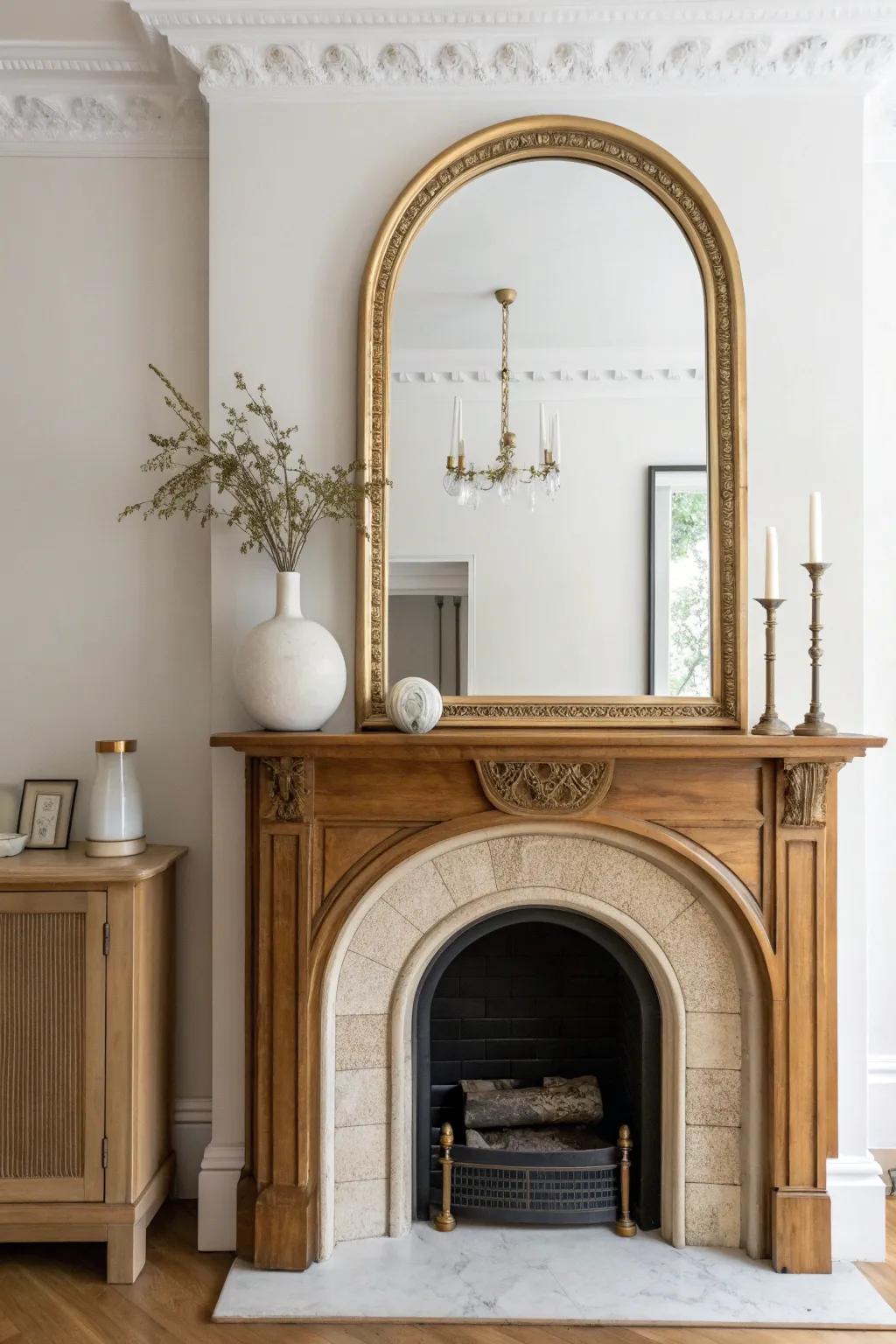 One statement mirror + two classic accents = a curated mantel for a small formal living room.