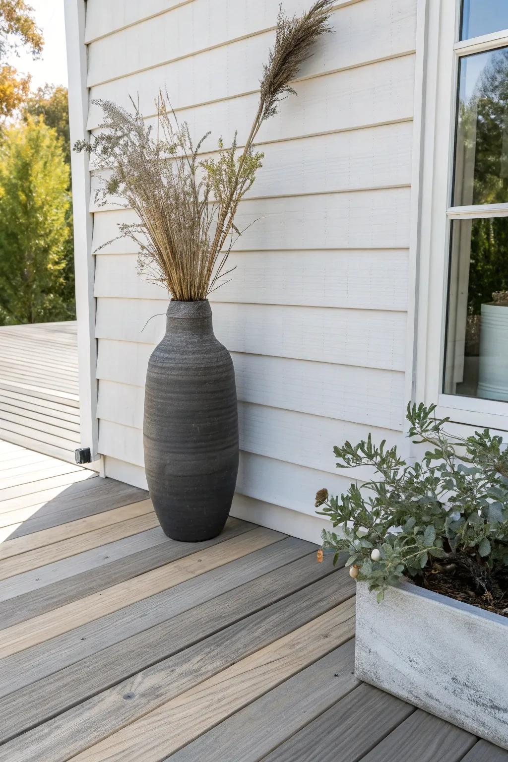 One corner, one statement vase—an easy seasonal swap that makes a tiny front deck feel styled.