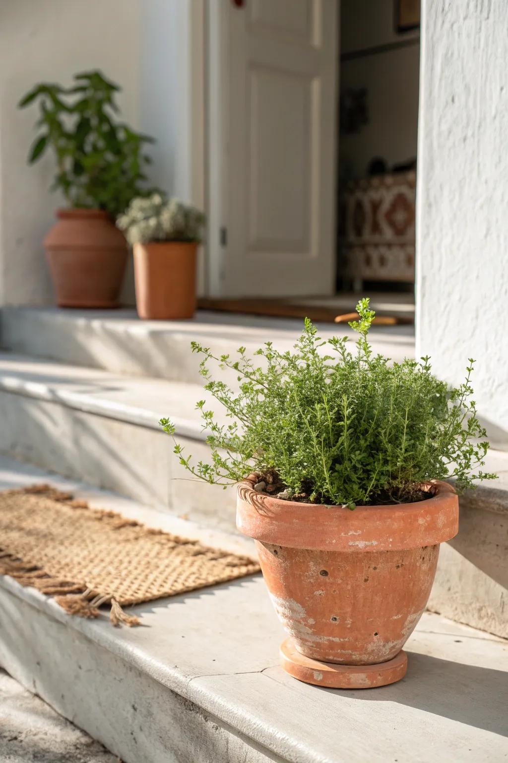 Edge the bottom step with petite pots—instant mini garden border and welcoming entry.