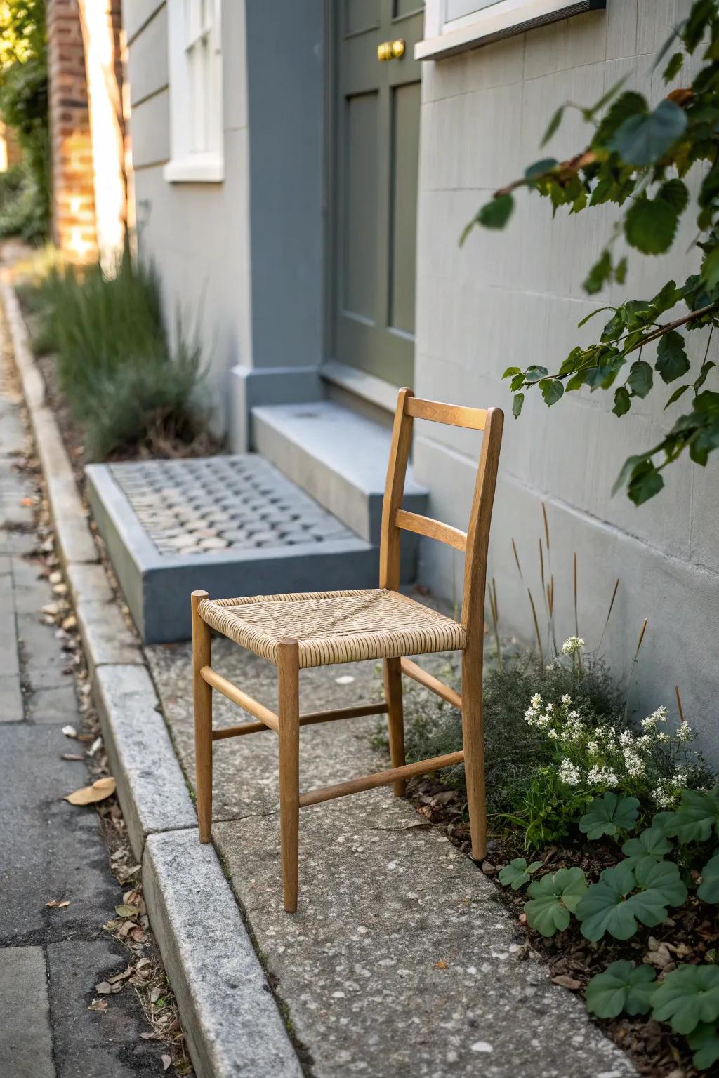 Tuck a slim woven chair into a corner to turn a tiny townhouse yard into a welcome pause.