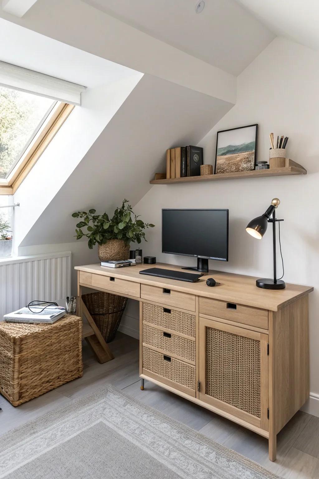Turn a slanted-ceiling nook into a cozy mini gaming den with a built-in corner desk.