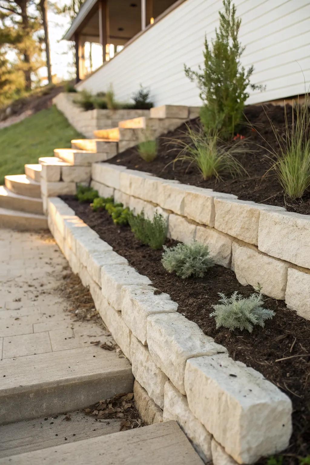 A chic stepped retaining-wall bed turns a slope into a polished, small pocket garden.
