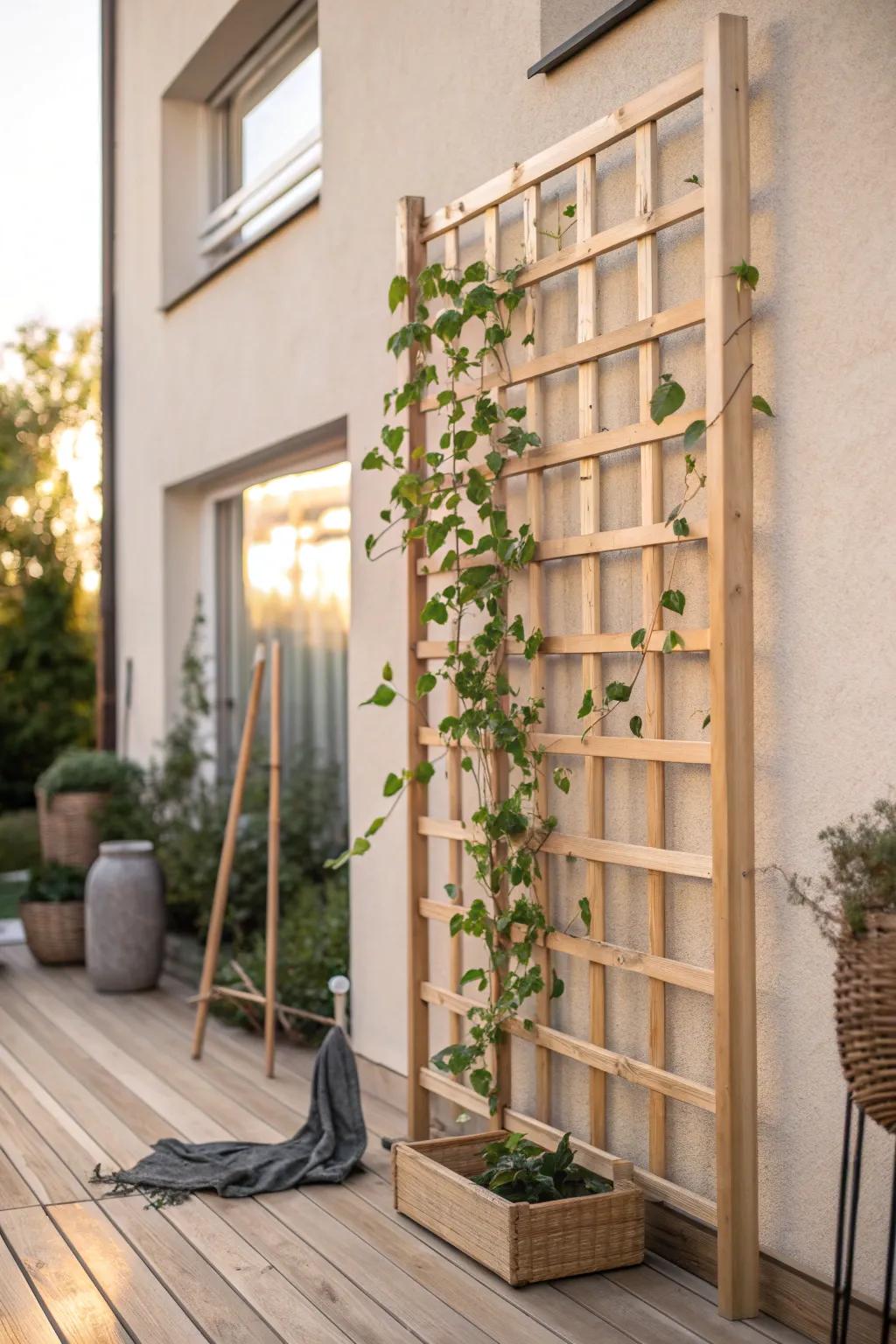 A trellis privacy screen adds calm, vertical cover—perfect for small decking without clutter.