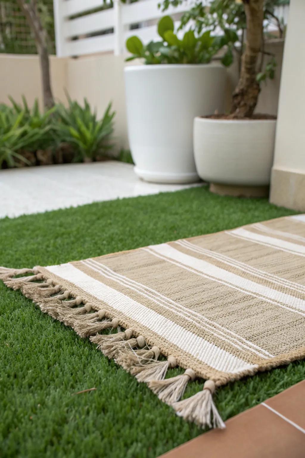 Layer an outdoor rug on artificial turf for instant cozy, designer calm in a small garden.