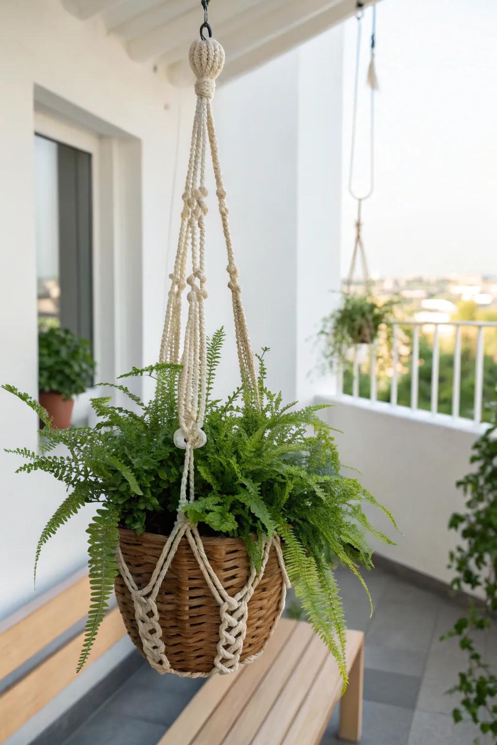 A single hanging planter creates a lush green canopy—perfect for small patios and balconies.