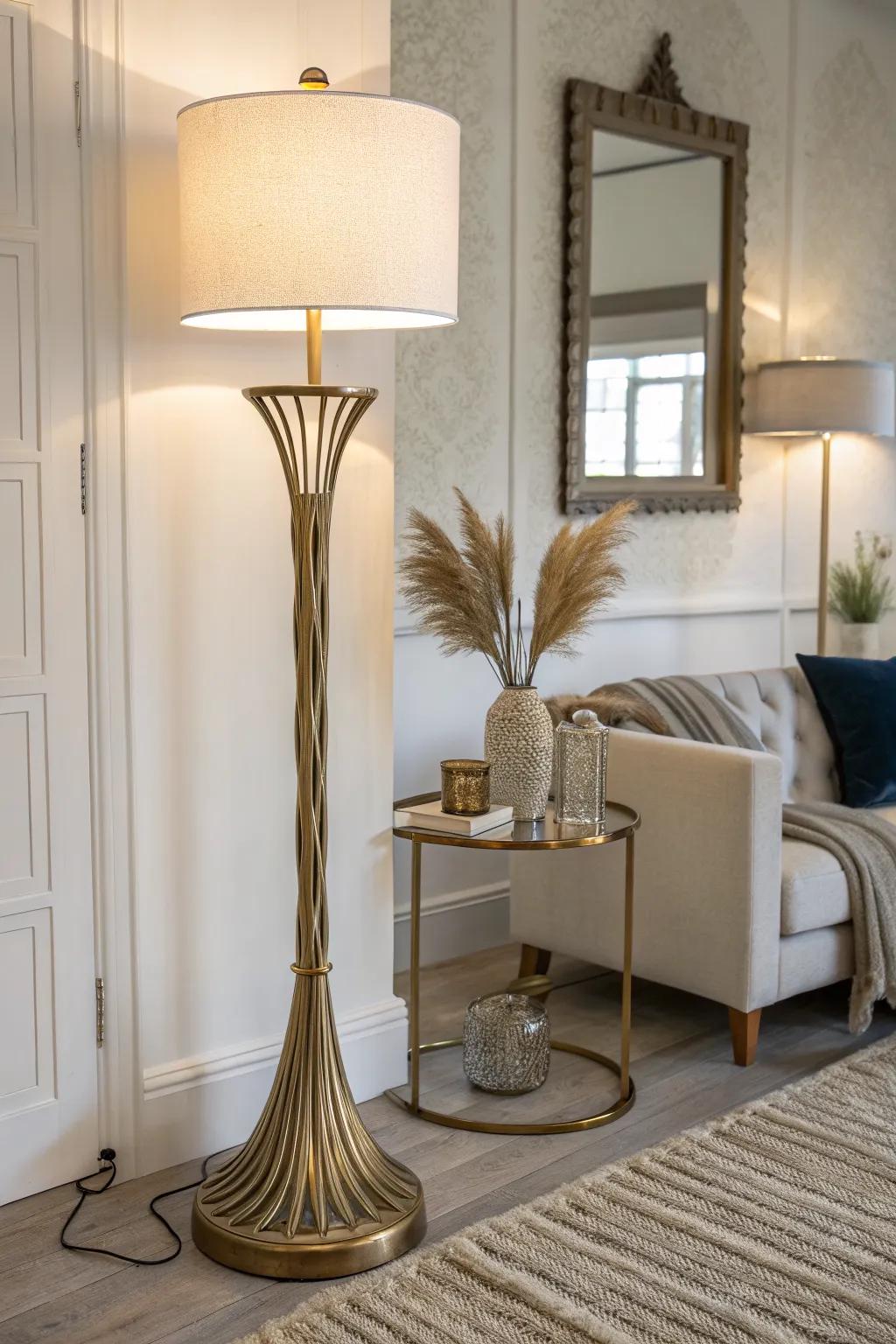 Layer your glow: a warm floor lamp plus reflective accents makes small glam feel cozy.