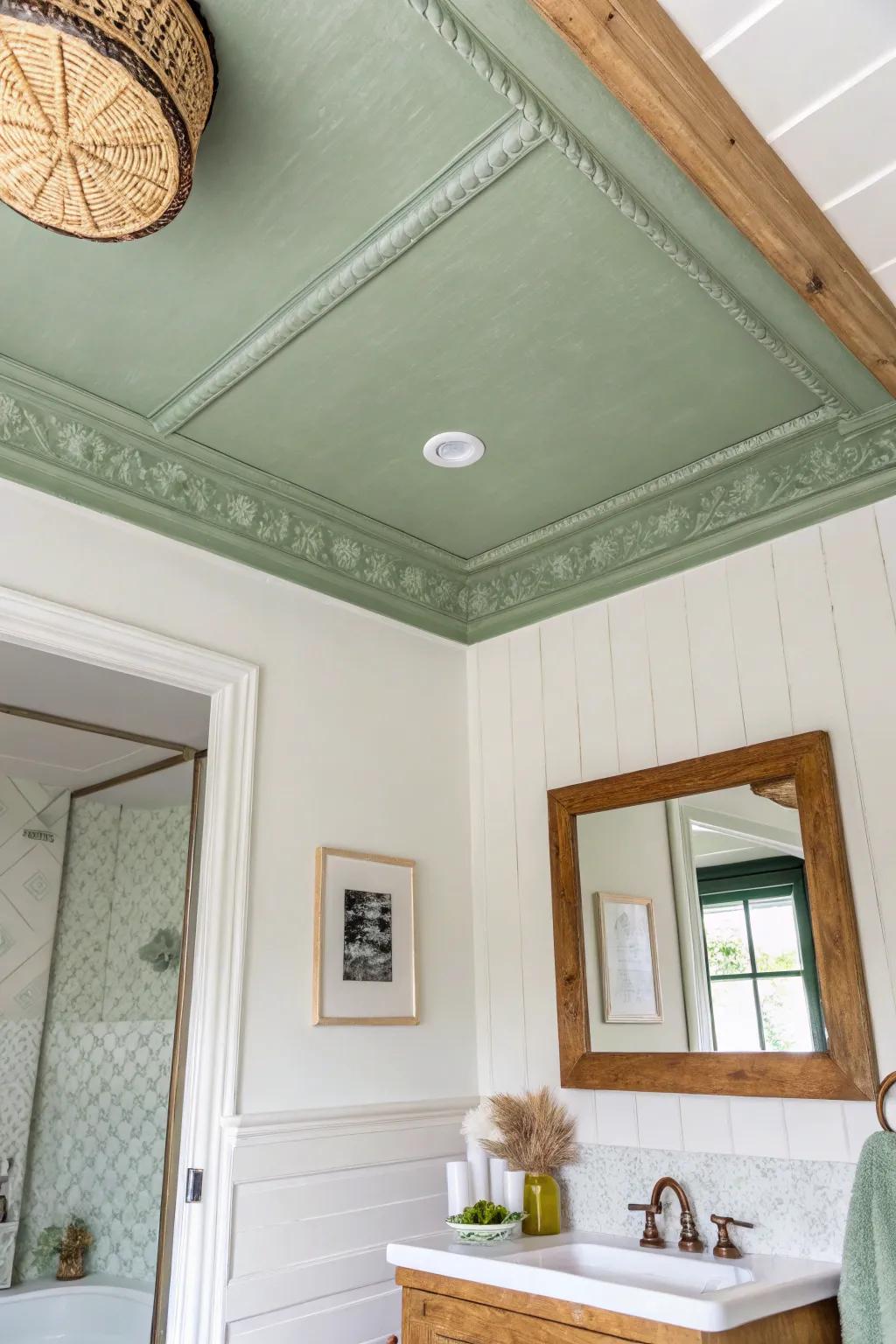 Soft sage ceiling + bright white walls: a tiny bathroom trick that feels airy and designer.