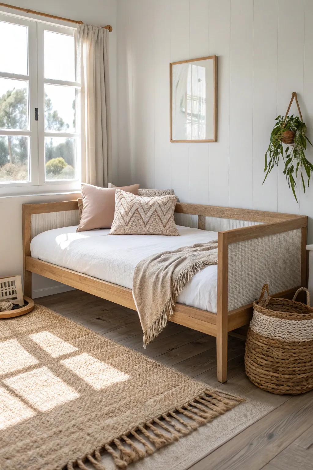 A daybed with a trundle keeps a tiny guest room open by day—cozy and affordable at night.