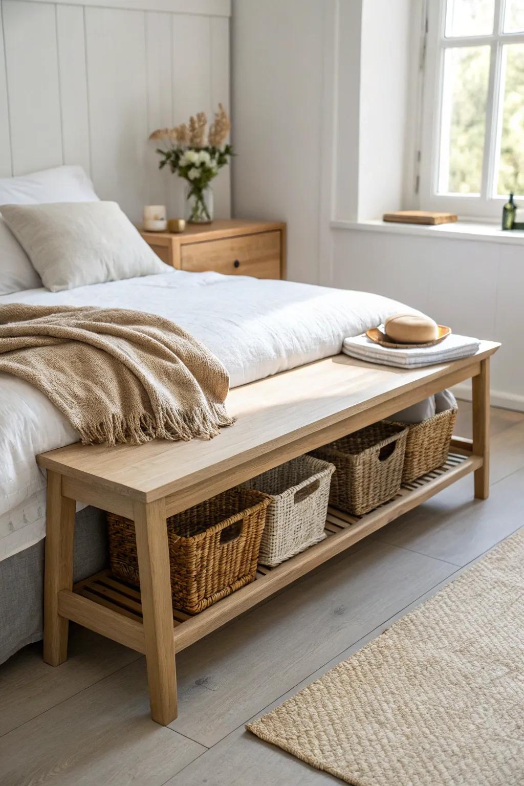 A slim bench + woven baskets keeps luggage tidy and adds warm texture in a tiny guest room.