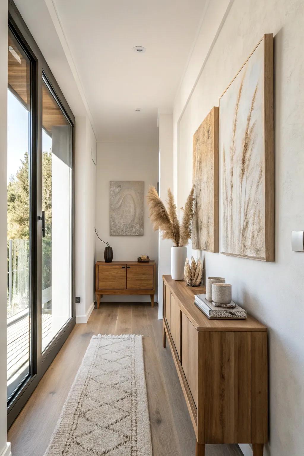 One oversized artwork brings calm, curated style to even the narrowest hallway.