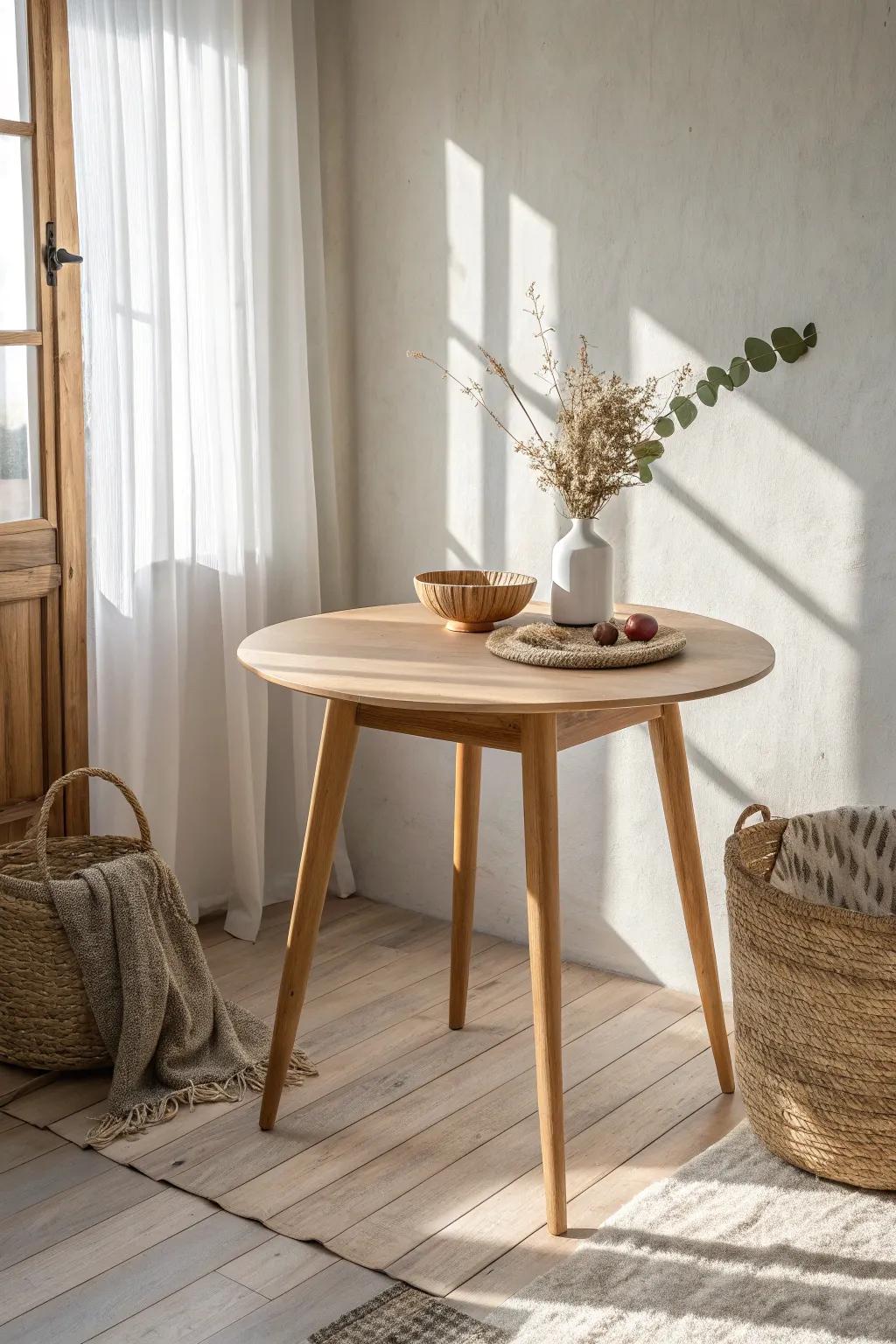 A petite round table that doubles as dining spot and desk—perfect for tiny spaces.