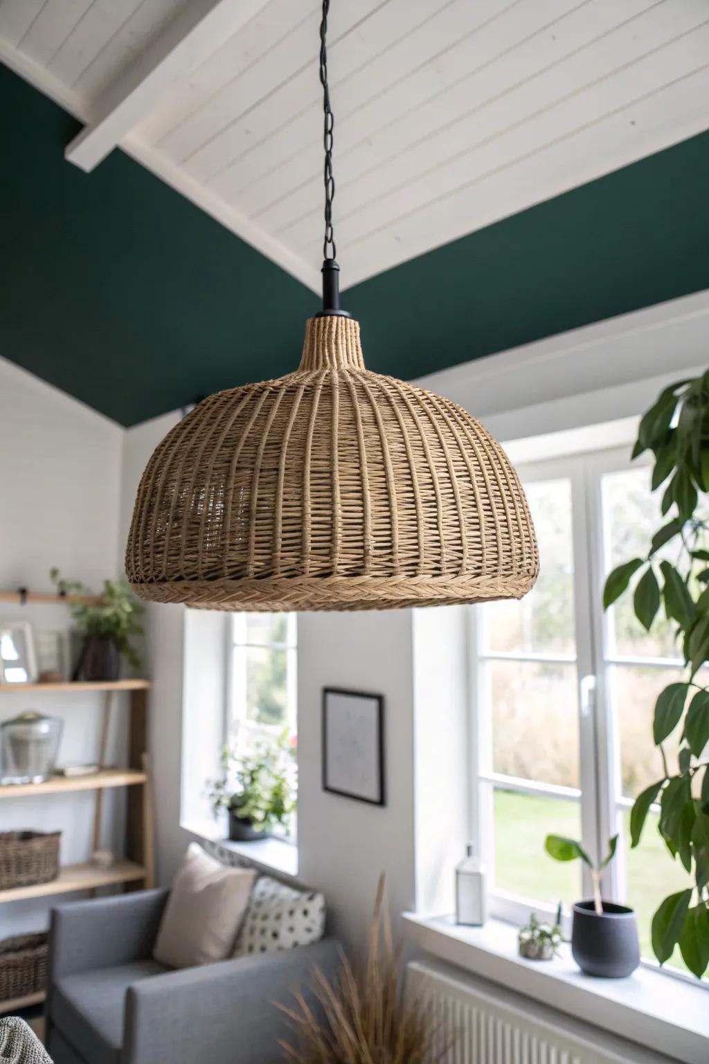 Deep-painted ceiling + one handwoven pendant—tiny living room drama, still calm and simple.