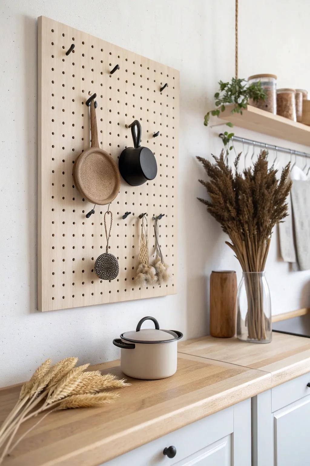 A tidy pegboard wall keeps pots and tools visible, organized, and beautiful in a small kitchen.