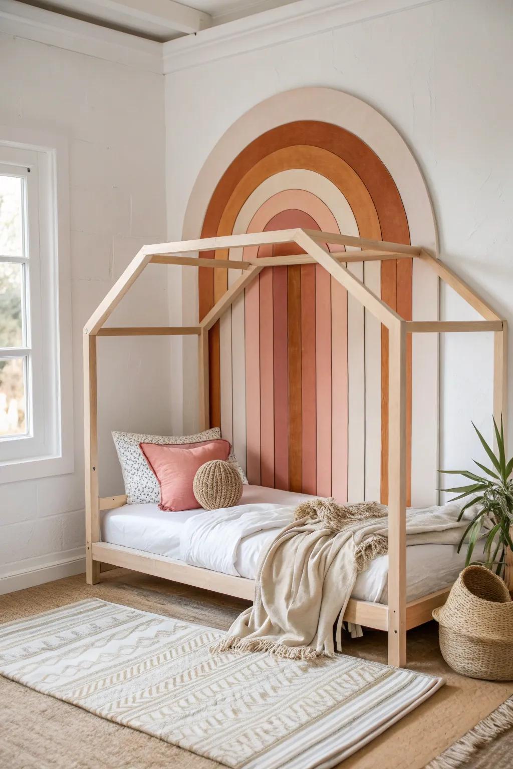 A simple color‑block arch turns a tiny kids’ bed into a cozy niche—no extra furniture needed.