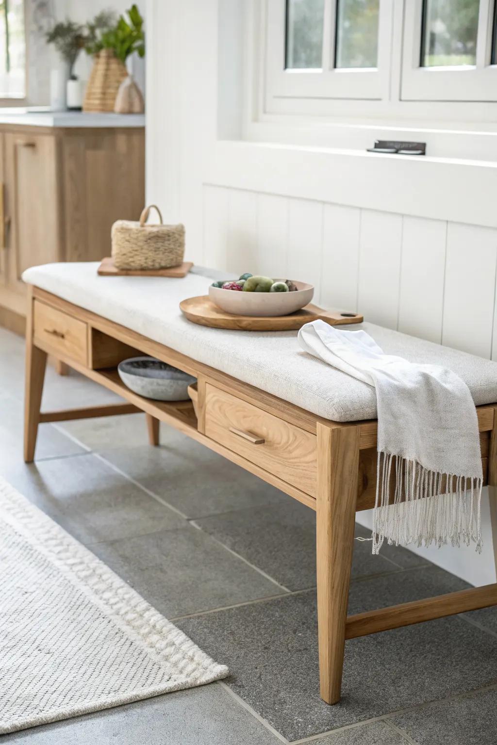 A storage bench keeps your dining nook calm—linens and small appliances tucked neatly away.