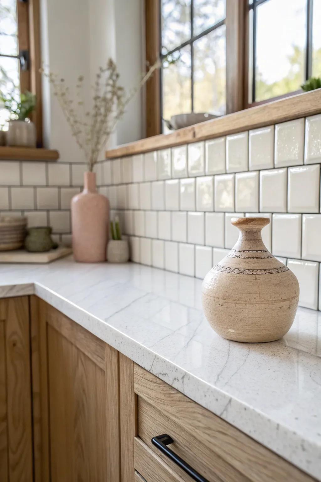 Wrap-around tile that turns the corner instantly makes a small kitchen feel seamless and airy.