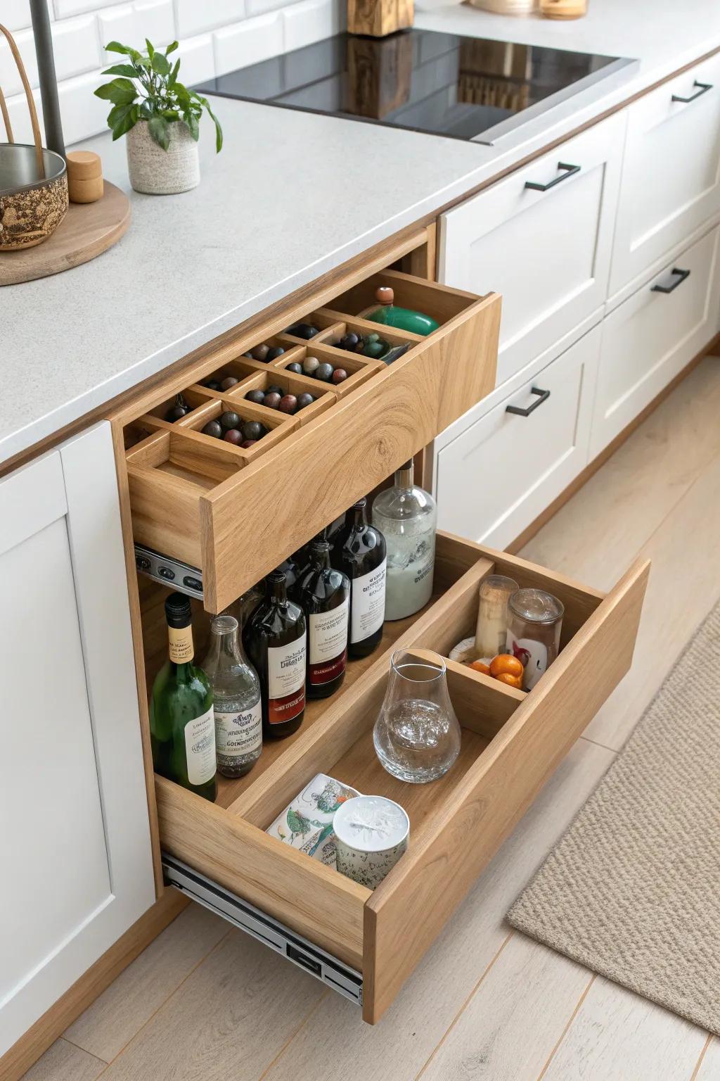 A pull-out pantry drawer cocktail bar that adds instant function to the smallest kitchen.