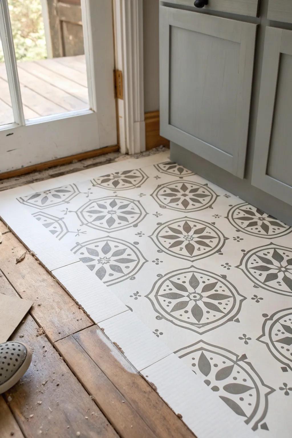 Weekend rental fix: a chic stencil turns a plain kitchen floor into faux tile magic.