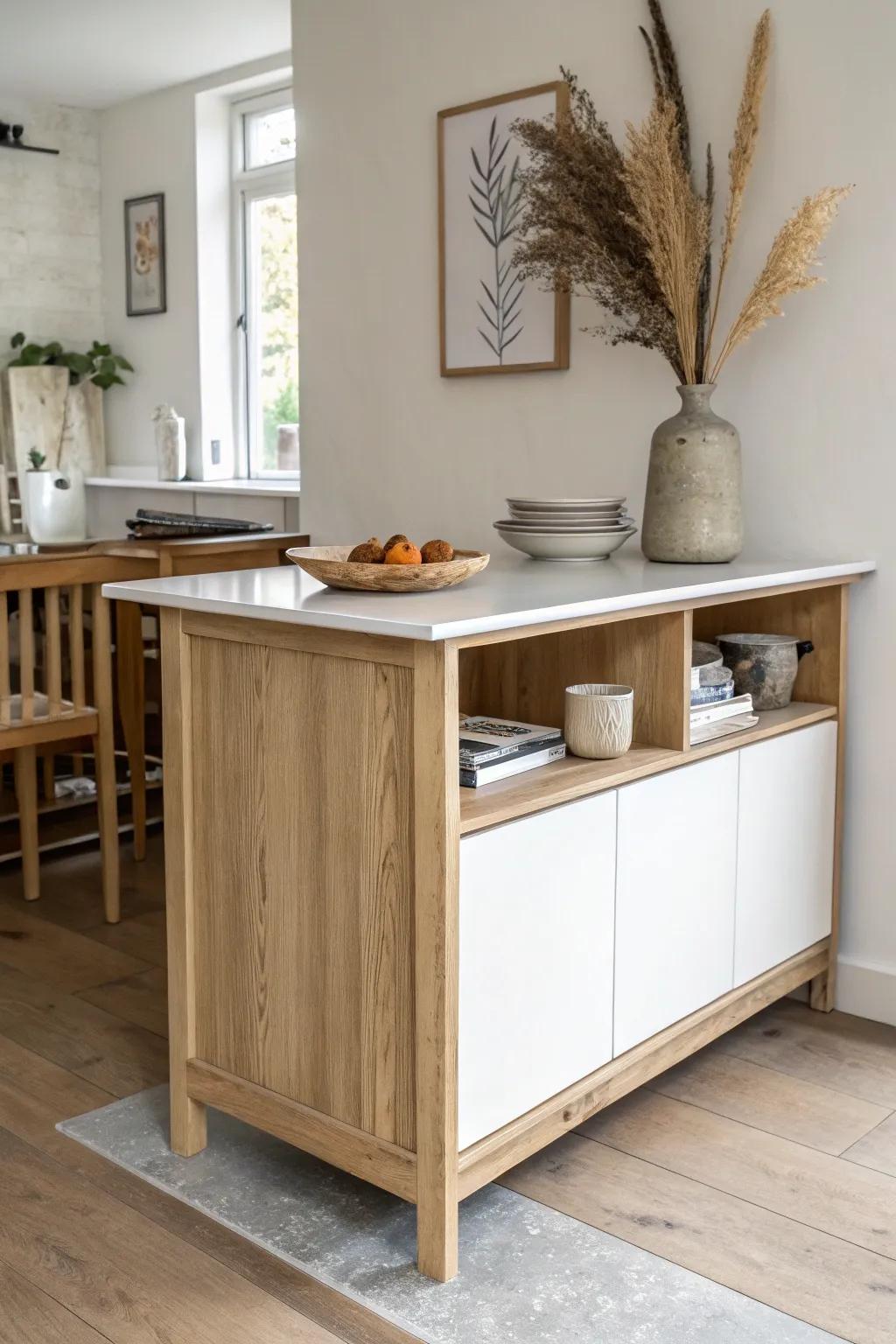 A split-level bar ledge turns base cabinets into a sleek, space-saving wall island.