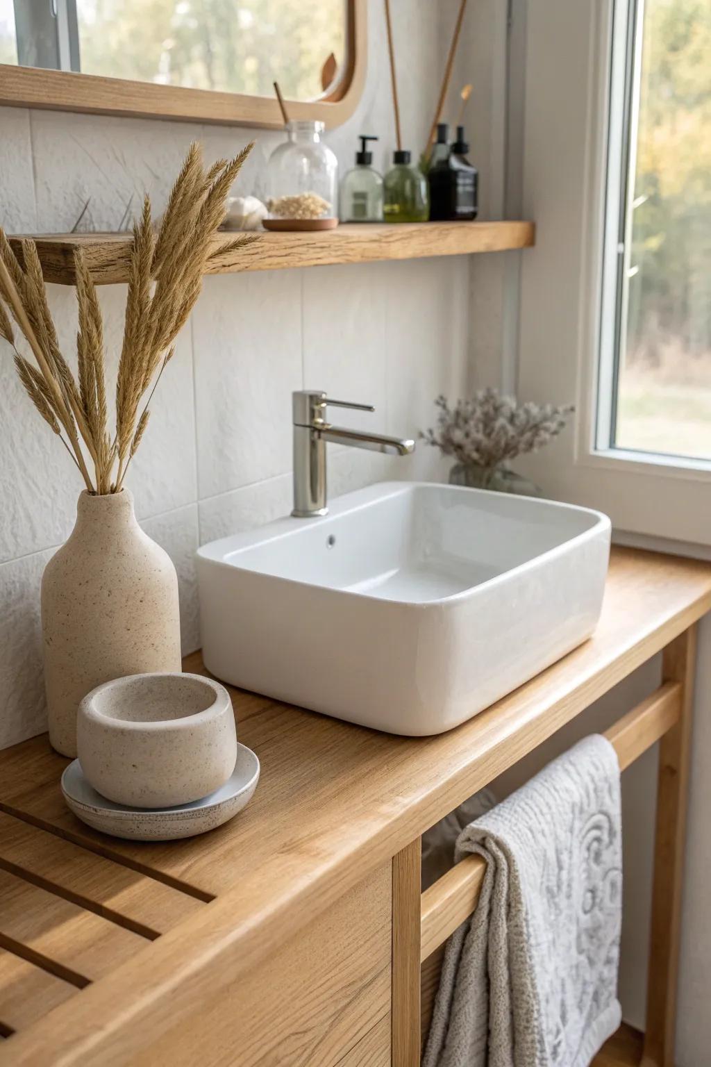 Open shelf above the sink: airy storage with warm oak, linen, and a soft boho touch.