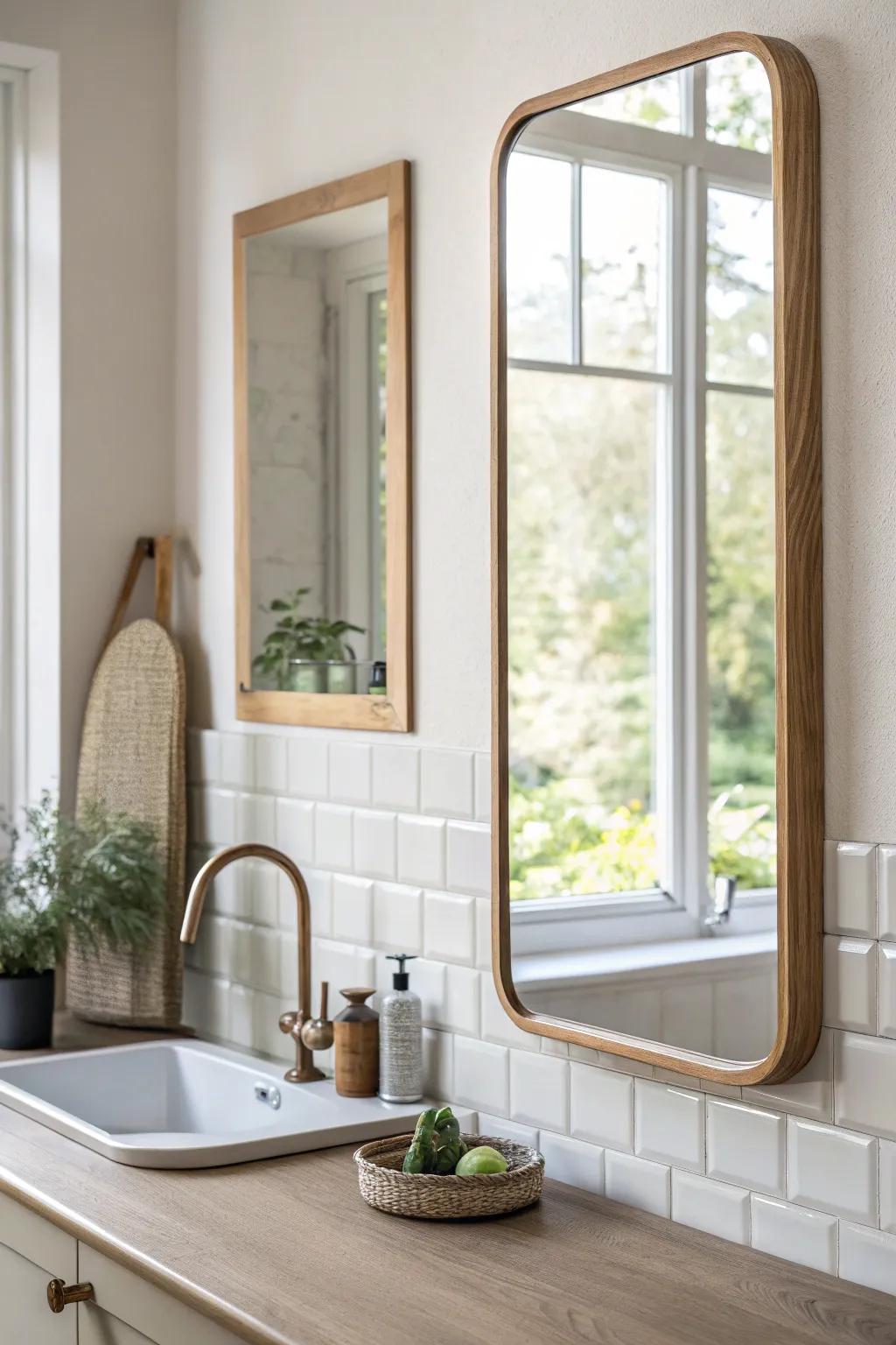 A slim mirror strip beside the sink window bounces daylight and doubles brightness.