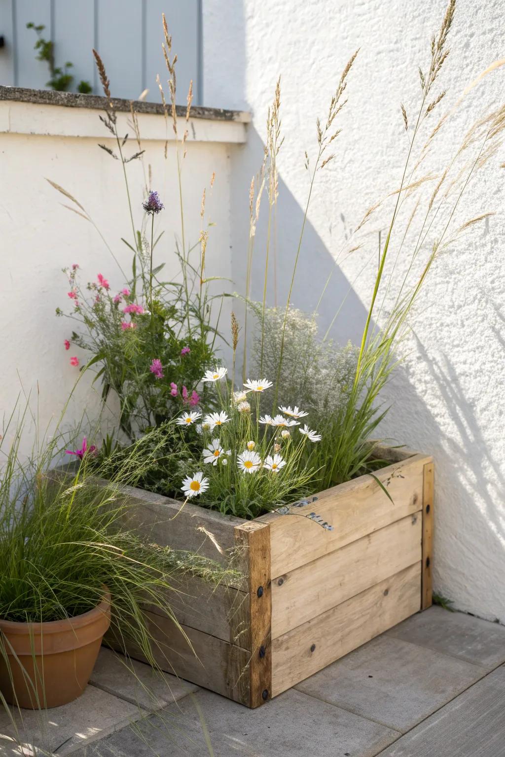 Pocket meadow in one planter—airy grasses and wild blooms for small-space romance.
