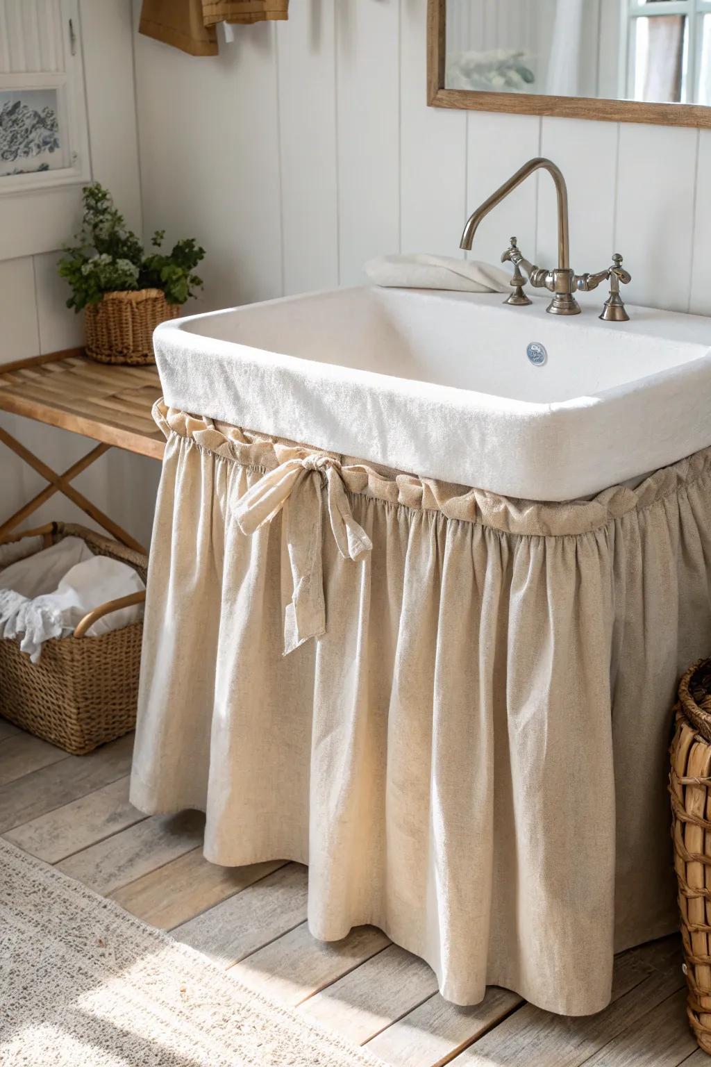 A linen sink skirt that hides plumbing and instantly makes a tiny laundry nook feel cozy.